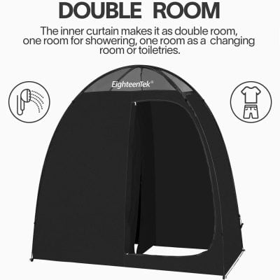 Image of a black portable shower tent designed for privacy, ideal for outdoor use, camping, or spa setups, offering a compact and easy-to-assemble shelter for showers or changing.