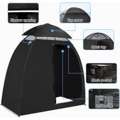 High-quality outdoor opt tent with mesh top, top cover, shower opening, mesh pocket, and inside rope for durable and portable use. Perfect for outdoor activities and events.