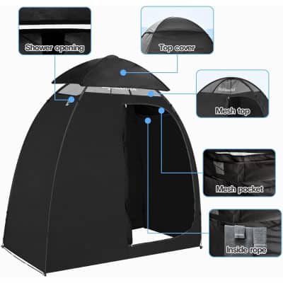 High-quality outdoor opt tent with mesh top, top cover, shower opening, mesh pocket, and inside rope for durable and portable use. Perfect for outdoor activities and events.