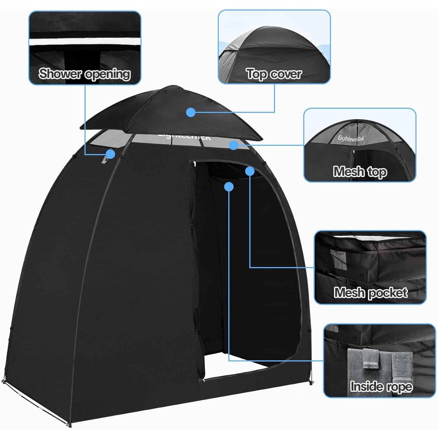 High-quality outdoor opt tent with mesh top, top cover, shower opening, mesh pocket, and inside rope for durable and portable use. Perfect for outdoor activities and events.