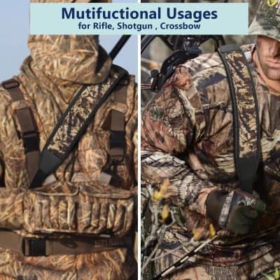 Adjustable camouflage strap for rifles, shotguns, and crossbows, offering comfort and durability for hunting and outdoor activities. High-quality tactical gear designed for versatility.