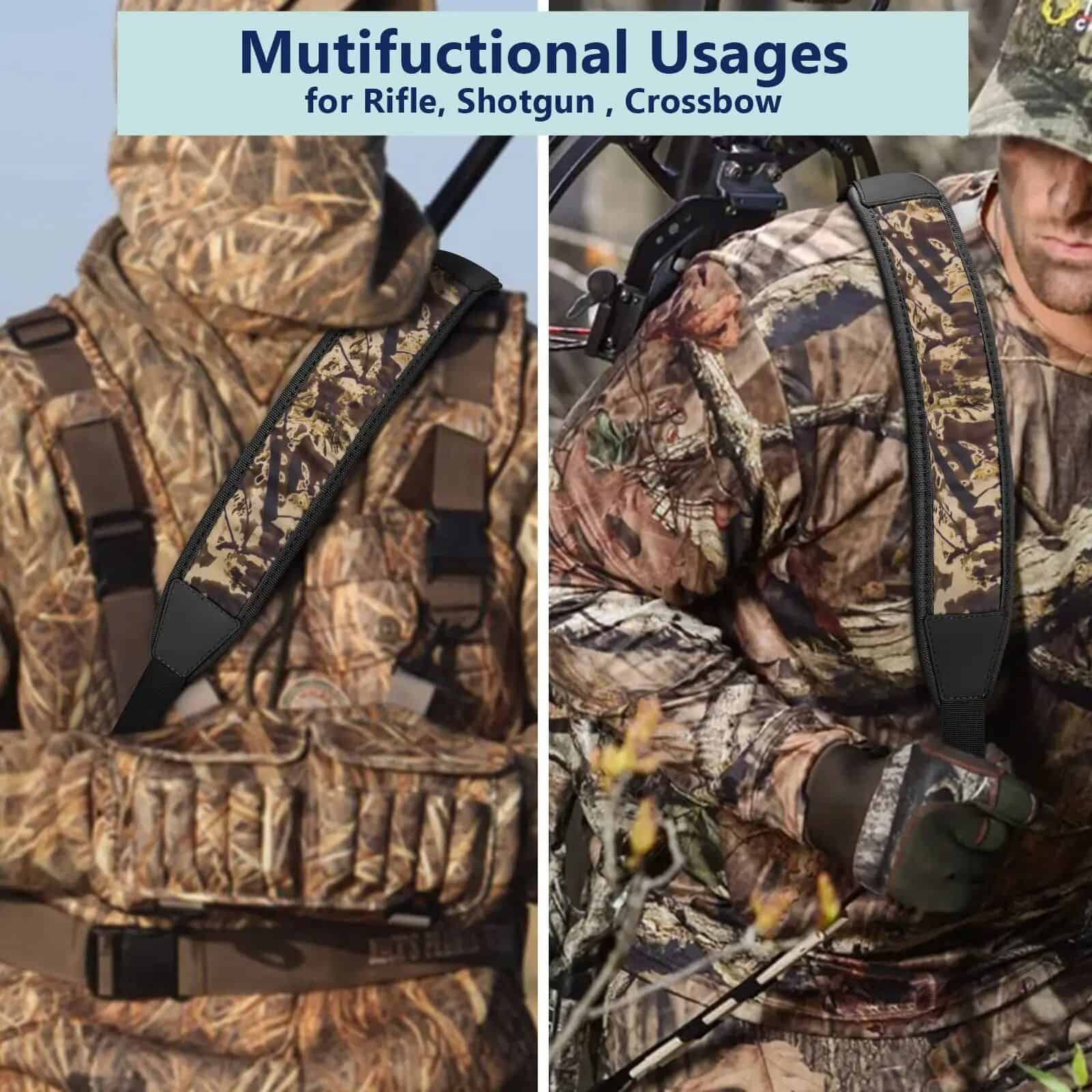 Adjustable camouflage strap for rifles, shotguns, and crossbows, offering comfort and durability for hunting and outdoor activities. High-quality tactical gear designed for versatility.