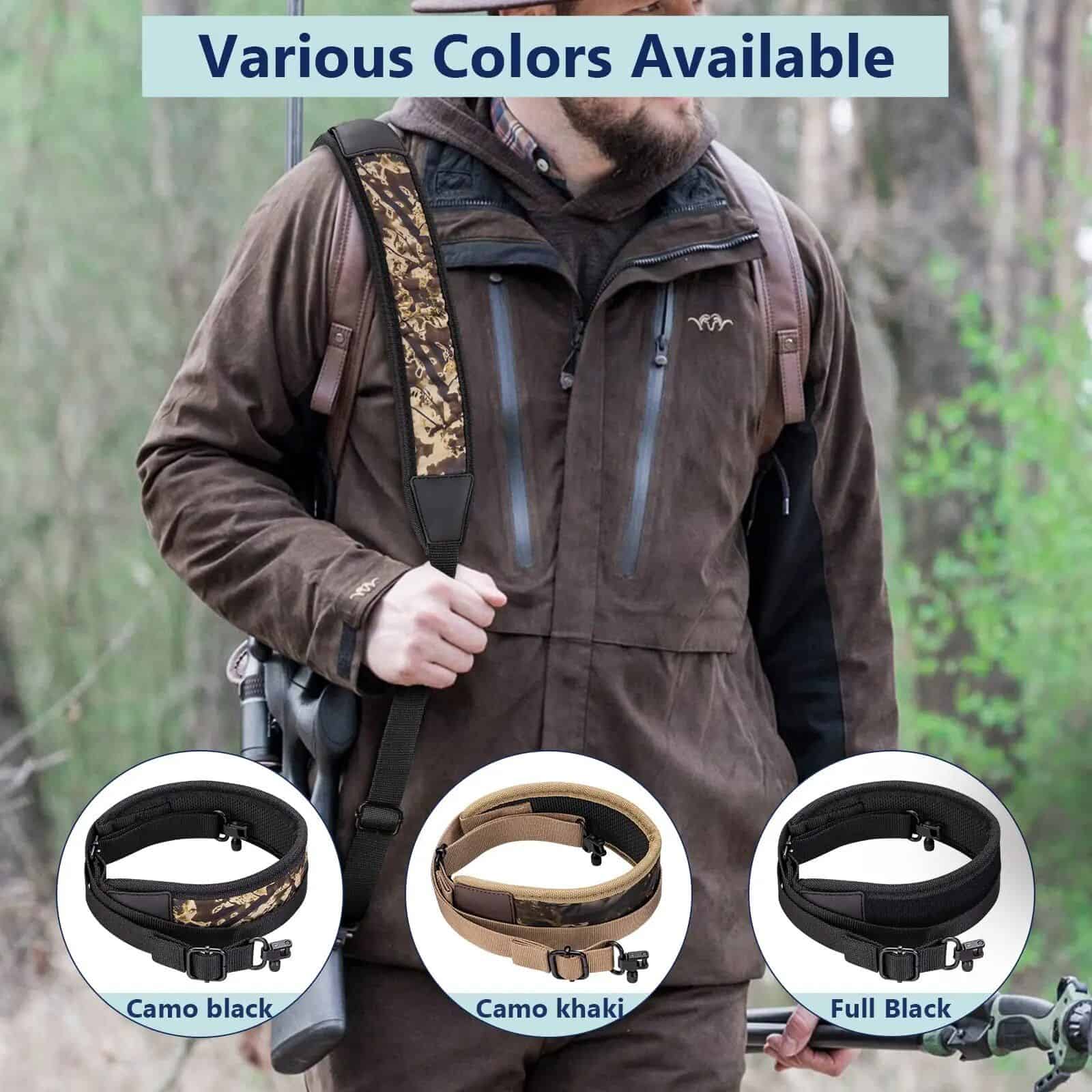 Comfortable camouflage collar options in black, khaki, and full black, perfect for outdoor and winter activities.