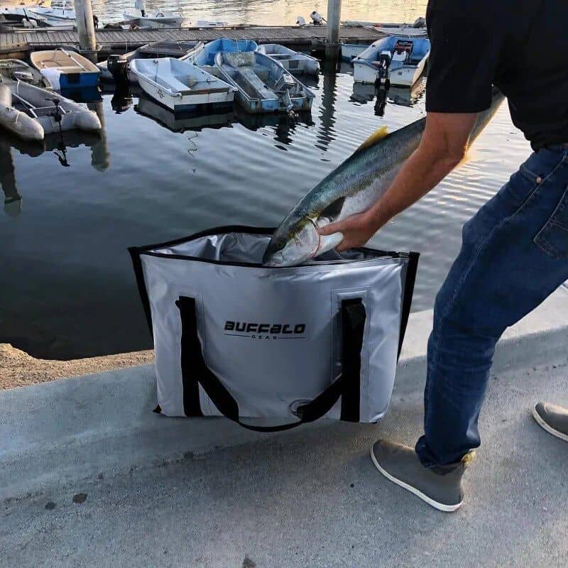 Durable insulated fishing bag for storing caught fish, perfect for boat trips and outdoor water adventures.