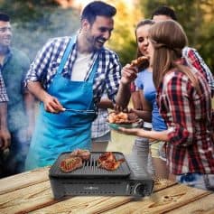 Enjoy outdoor barbecues with friends using a portable electric grill. Perfect for grilling steaks, chicken, and vegetables at gatherings, picnics, and parties for a fun and delicious outdoor cooking experience.