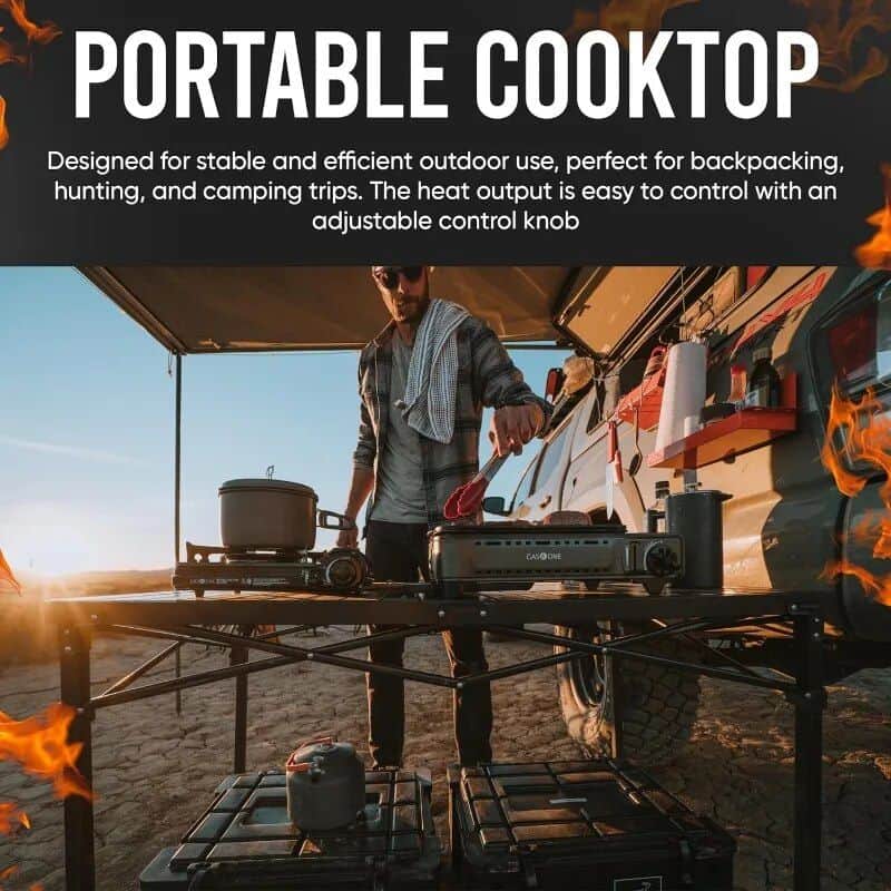 Stable, efficient, and easy-to-control outdoor portable cooktop designed for camping, hiking, hunting, and backpacking trips. Adjustable heat output for quick meal preparation during outdoor excursions.