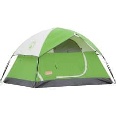 Bright green camping tent with large window and Coleman logo, ideal for outdoor adventures and camping trips.