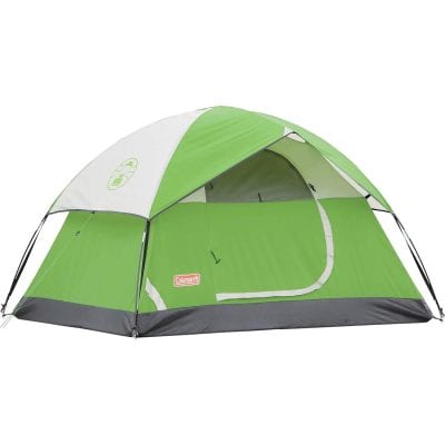 Bright green camping tent with large window and Coleman logo, ideal for outdoor adventures and camping trips.