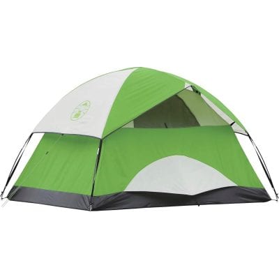 Durable green and white camping tent with ventilation windows, ideal for outdoor adventures and camping trips, featuring easy setup and weather-resistant materials.