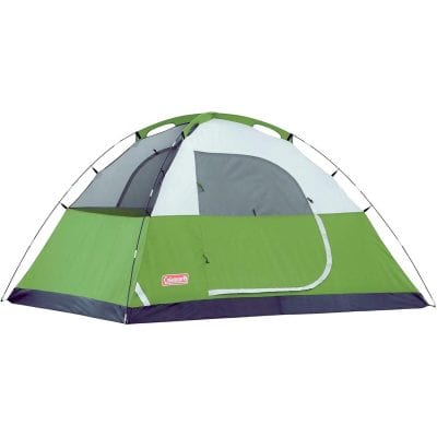 Bright green and gray outdoor camping tent with durable waterproof fabric and multiple ventilation windows for camping or outdoor adventures.