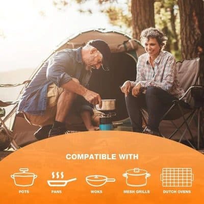 Portable camp stove ideal for outdoor cooking and camping adventures. Compatible with pots, pans, wok, mesh grills, and Dutch ovens for versatile meal preparation.