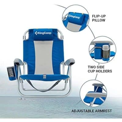 Handy outdoor camping chair with cup holders, neck pillow, and adjustable armrest for ultimate comfort during camping, outdoor activities, and sporting events.