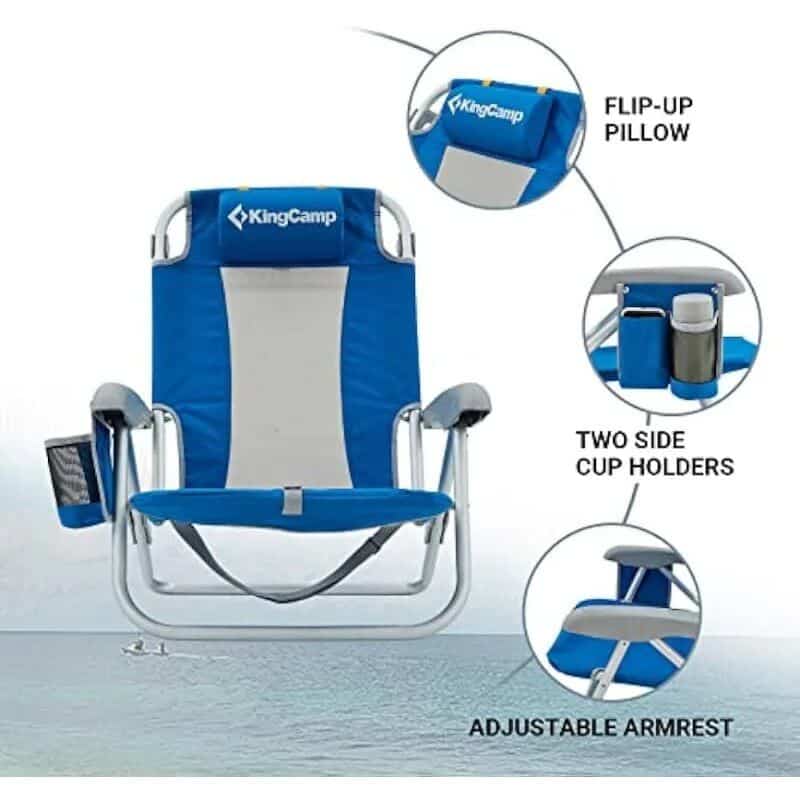 Handy outdoor camping chair with cup holders, neck pillow, and adjustable armrest for ultimate comfort during camping, outdoor activities, and sporting events.