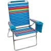 Bright colorful striped beach chair with adjustable armrests and a built-in pocket, ideal for outdoor sunbathing, beach days, and portable outdoor seating in warm weather.