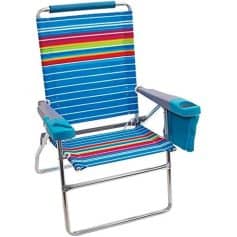 Bright colorful striped beach chair with adjustable armrests and a built-in pocket, ideal for outdoor sunbathing, beach days, and portable outdoor seating in warm weather.