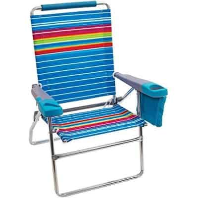 Bright colorful striped beach chair with adjustable armrests and a built-in pocket, ideal for outdoor sunbathing, beach days, and portable outdoor seating in warm weather.