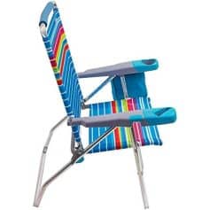Bright, striped foldable beach chair for outdoor relaxation, featuring lightweight aluminum frame and comfortable fabric seat. Perfect for beach days, picnics, and outdoor events.