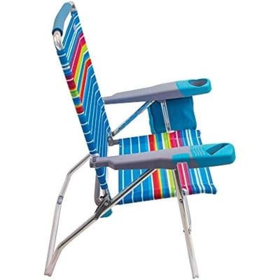 Bright, striped foldable beach chair for outdoor relaxation, featuring lightweight aluminum frame and comfortable fabric seat. Perfect for beach days, picnics, and outdoor events.