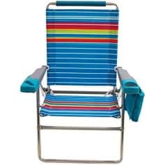 Brightly colored striped beach chair with adjustable armrests, ideal for outdoor activities, sunbathing, and relaxation. Durable, lightweight, perfect for beach, poolside, or patio use.