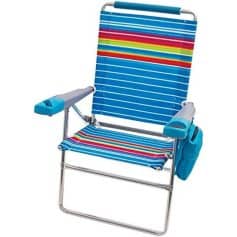 Lightweight, foldable beach chair with colorful striped fabric, adjustable armrests, and built-in side pocket for convenience, perfect for outdoor relaxation and seaside trips.