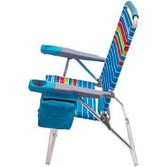 Brightly colored baby high chair with blue and rainbow stripes, adjustable tray, and convenient storage bag for baby dining and feeding. Ideal for comfortable and safe mealtime.