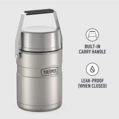 Stainless steel thermos with built-in carry handle and leak-proof lid for portable food storage. Perfect for meals on the go, designed for durability, convenience, and freshness.