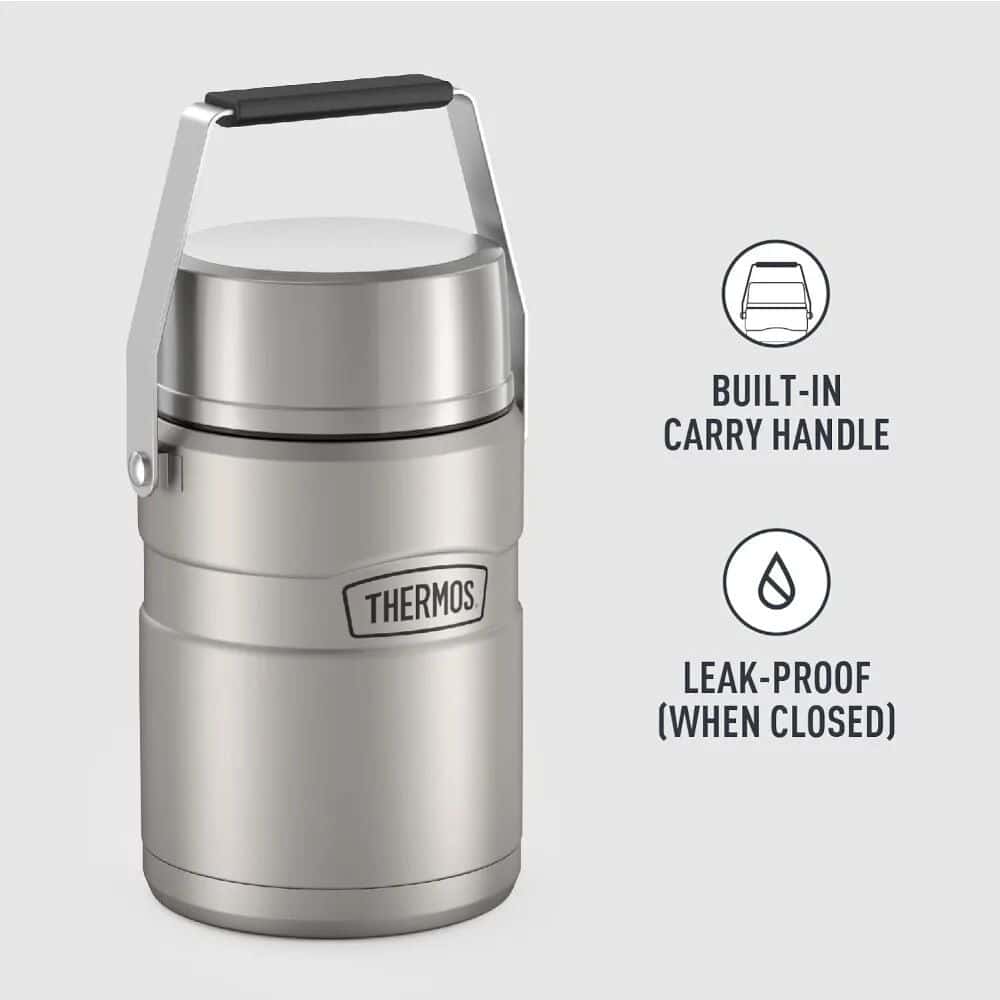 Stainless steel thermos with built-in carry handle and leak-proof lid for portable food storage. Perfect for meals on the go, designed for durability, convenience, and freshness.