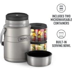 Stainless steel thermos with two microwaveable containers and built-in serving bowls, perfect for meal prep and portable food storage. Durable, insulated, and convenient for on-the-go meals.