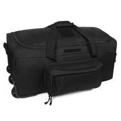 Durable black travel duffel bag with multiple compartments, ideal for sports, gym, and short trips, featuring wheels and sturdy handles for easy carrying.