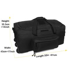 Durable black travel bag with size: 43cm x 35.5cm x 32in, ideal for glasses, accessories, and optical gear. Perfect for opticians and eyewear professionals on the go.