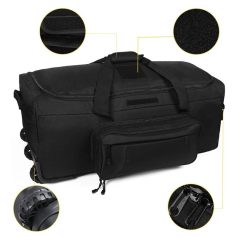 Durable black travel duffel with multiple compartments, padded handles, and rugged wheels, ideal for gym, travel, or sports needs.