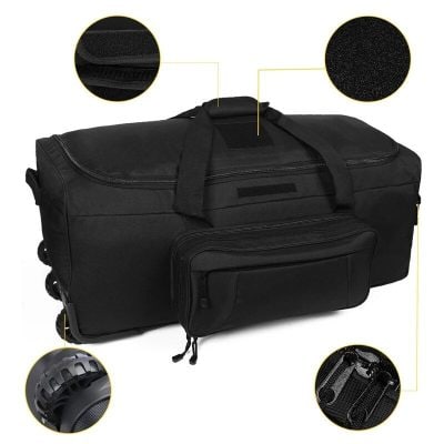 Durable black travel duffel with multiple compartments, padded handles, and rugged wheels, ideal for gym, travel, or sports needs.
