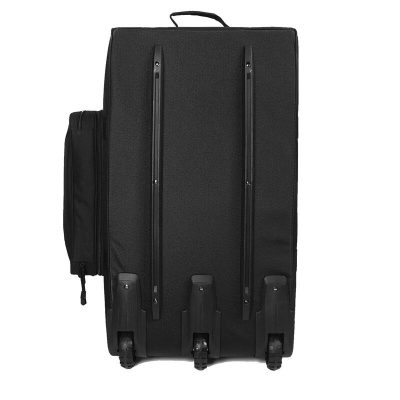 Versatile black rolling suitcase with multiple compartments, telescopic handle, and spinner wheels, ideal for travel and business trips. Features extra side pocket for convenient storage.