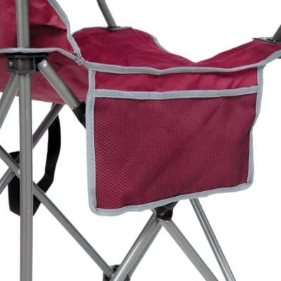 Comfortable red portable foldable chair with mesh storage pocket, ideal for outdoor activities, picnics, and events, offering lightweight convenience and durable design.