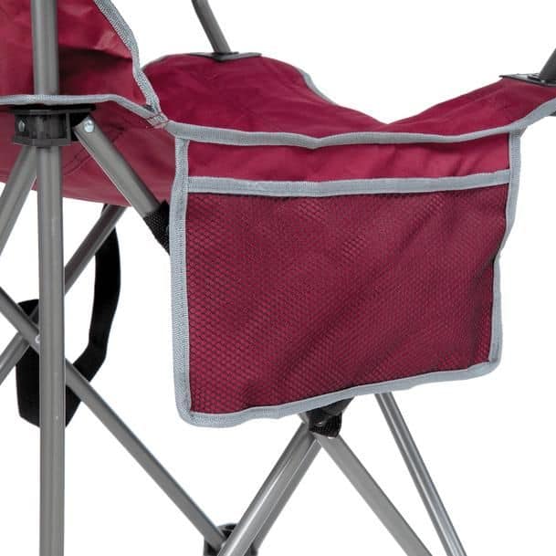 Comfortable red portable foldable chair with mesh storage pocket, ideal for outdoor activities, picnics, and events, offering lightweight convenience and durable design.