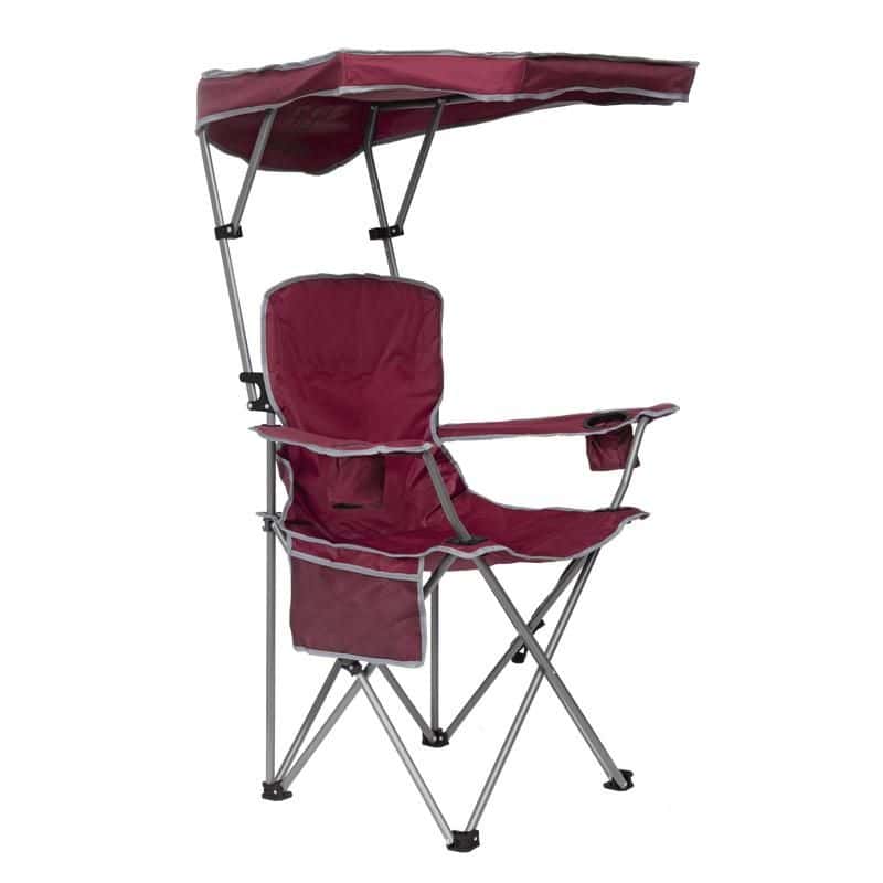 Durable maroon portable beach chair featuring adjustable canopy, foldable design, and comfortable seating ideal for outdoor relaxation, picnics, and beach days.