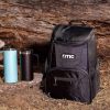 Durable black RTIC backpack with multiple compartments, ideal for travel and outdoor adventures, paired with stylish thermos bottles for beverages.