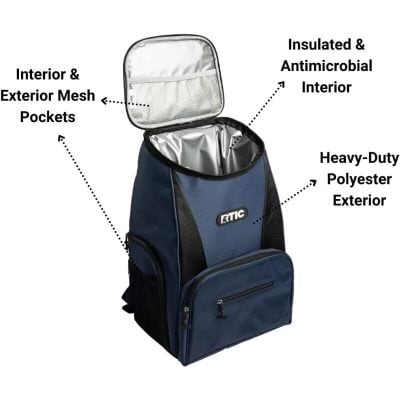 Durable insulated backpack with interior antimicrobial lining, mesh pockets, and heavy-duty polyester exterior, ideal for medical professionals and students.