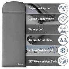 Highly durable, waterproof, and leak-proof sleep surface with double copper valve for easy inflation. Features automatic inflation and cold ground insulation for a restful night's sleep.