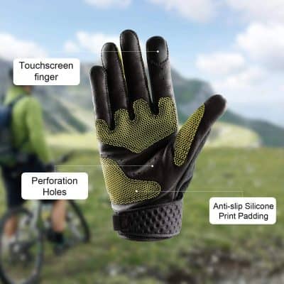 High-quality protective gloves with touchscreen fingertips, perforation holes for ventilation, anti-slip silicone print padding for grip, ideal for cycling, hiking, and outdoor adventures.
