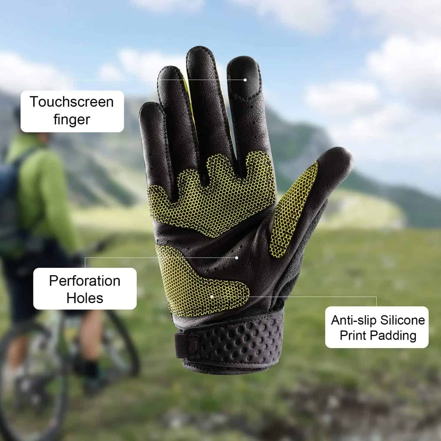 High-quality protective gloves with touchscreen fingertips, perforation holes for ventilation, anti-slip silicone print padding for grip, ideal for cycling, hiking, and outdoor adventures.