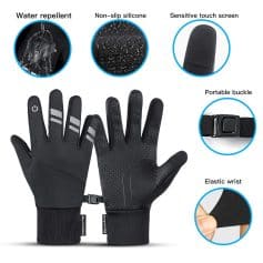High-quality touchscreen gloves with water-resistant, non-slip silicone grip, sensitive touch screen, portable buckle, and elastic wrist for maximum comfort and protection. Ideal for outdoor activities and winter wear.