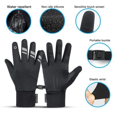 High-quality touchscreen gloves with water-resistant, non-slip silicone grip, sensitive touch screen, portable buckle, and elastic wrist for maximum comfort and protection. Ideal for outdoor activities and winter wear.