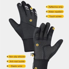 Highly functional waterproof gloves featuring touch screen compatibility, reflective strip for safety, water-repellent material, non-slip silicone grip, anti-lost buckle, and elastic wrist for a secure fit.