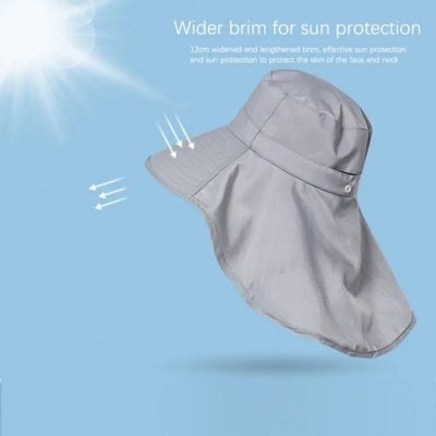 Bright sun protection wide brim hat with neck cover for outdoor UV shielding. Lightweight, breathable fabric designed for effective face and neck sunblock. Perfect for outdoor activities and UV protection.