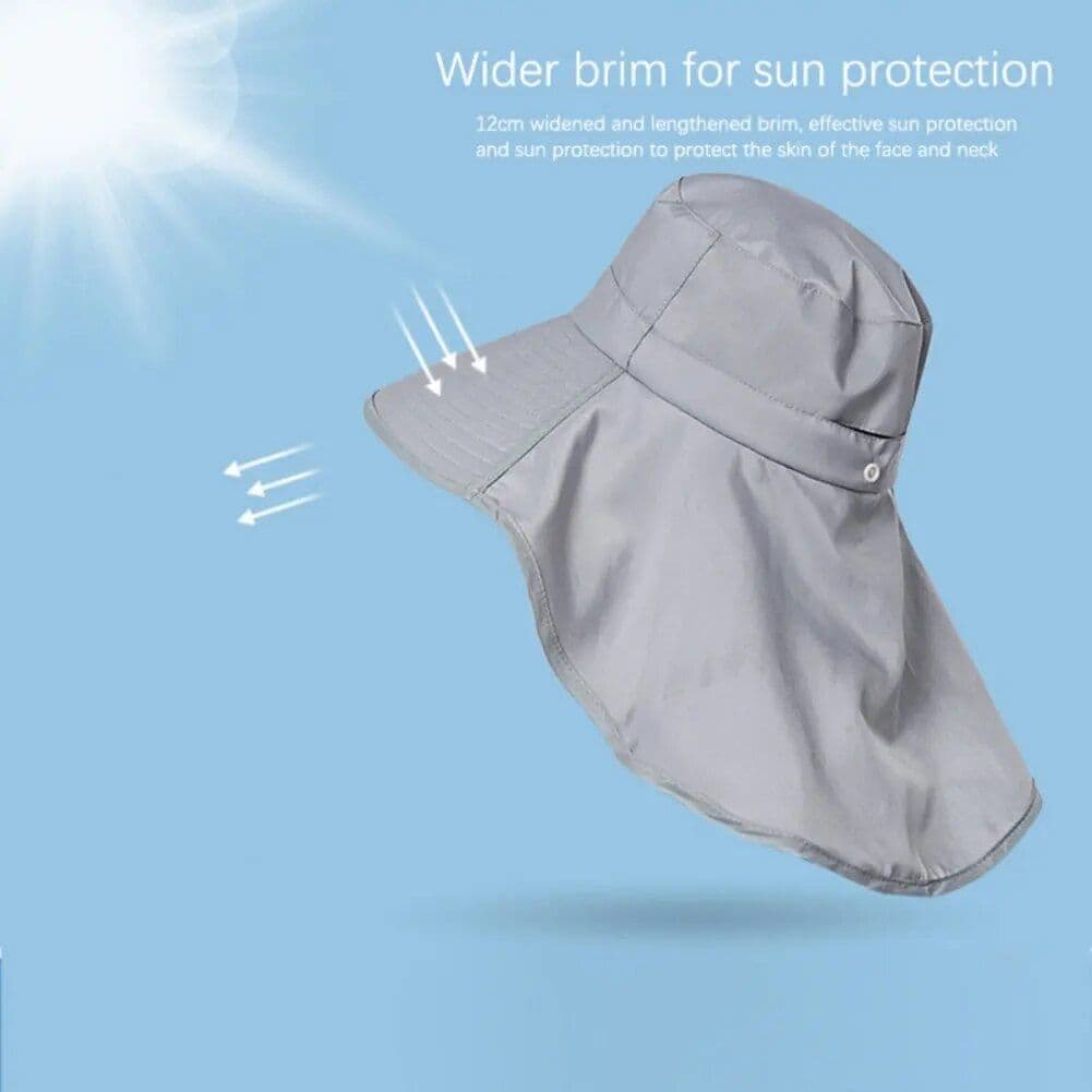 Bright sun protection wide brim hat with neck cover for outdoor UV shielding. Lightweight, breathable fabric designed for effective face and neck sunblock. Perfect for outdoor activities and UV protection.