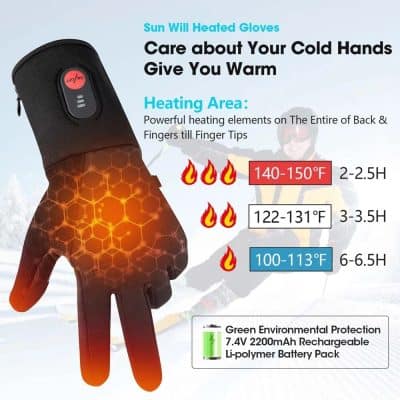 ALT text: Close-up of black heated gloves with digital control, showcasing their heating elements and temperature settings, designed to keep hands warm in cold weather.
