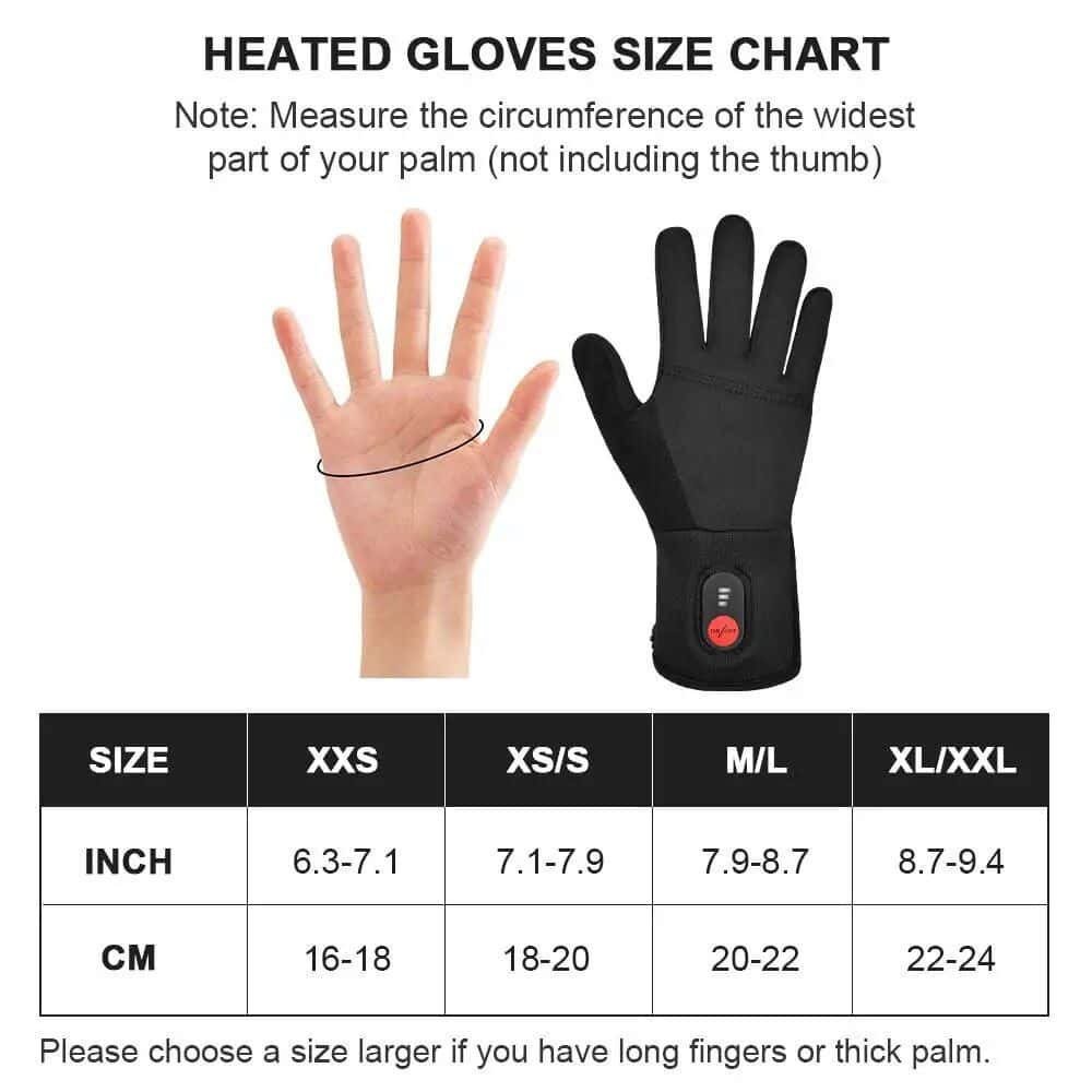Heated gloves for cold weather with adjustable temperature control, available in multiple sizes for optimal warmth and comfort, perfect for winter outdoor activities.