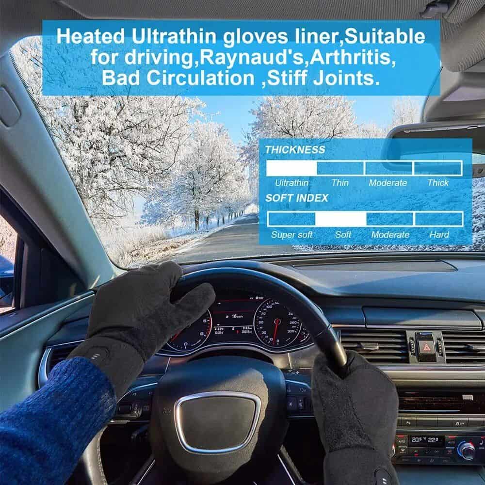 Premium heated ultrathin gloves ideal for driving, raynaud’s, arthritis, poor circulation, and stiff joints, providing warmth and comfort during winter travel.