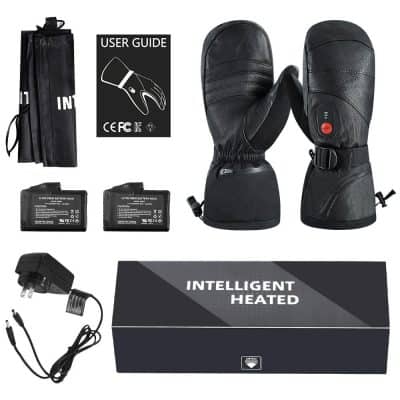 Heated winter mittens with adjustable temperature, rechargeable batteries, and thermal insulation for outdoor use. Includes charger, user guide, and carrying bag. Perfect for cold weather activities.